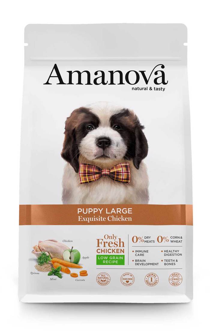 Amanova Puppy Large Exquisite Chicken Low Grain Xira Trofi me Lig Sitira ga Koutabia Meglosomon Fulon me Kotopoulo 12kg 